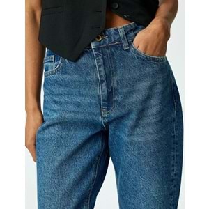 Yüksek Bel Düğmeli Kot Pantolon - Mom Jean 5SAL40046MD - KOTON - KOYU İNDİGO - 29/32
