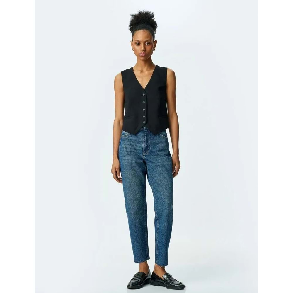 Yüksek Bel Düğmeli Kot Pantolon - Mom Jean 5SAL40046MD - KOTON - KOYU İNDİGO - 29/32