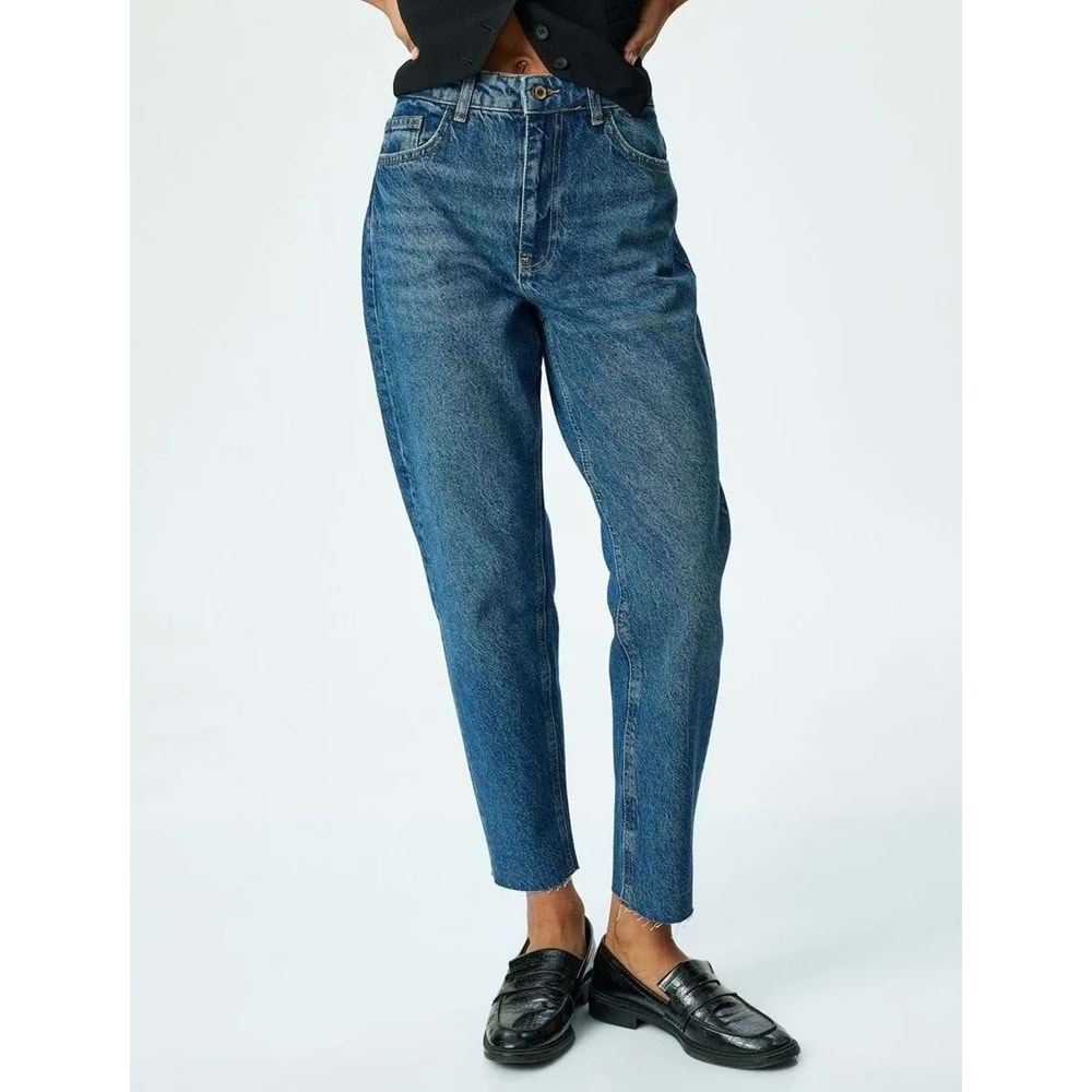 Yüksek Bel Düğmeli Kot Pantolon - Mom Jean 5SAL40046MD - KOTON - KOYU İNDİGO - 29/32