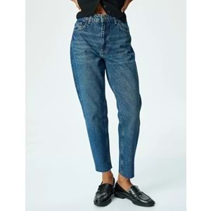 Yüksek Bel Düğmeli Kot Pantolon - Mom Jean 5SAL40046MD - KOTON - KOYU İNDİGO - 29/32