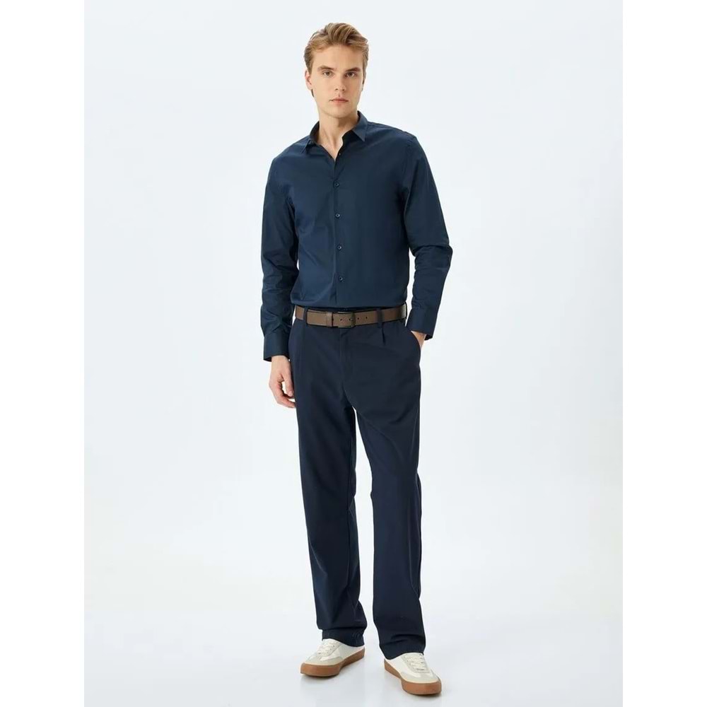 Yarım İtalyan Yaka Uzun Kollu Slim Fit Gömlek 5SAM60055HW - KOTON - LACİVERT - M
