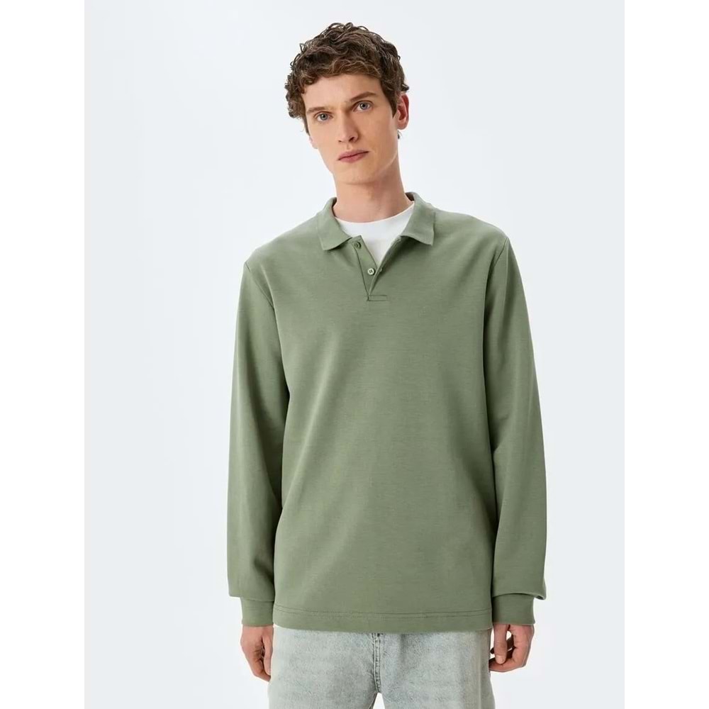 Pamuklu İnterlok Kumaş Polo Yaka Sweatshirt 5SAM70003MK - KOTON - HAKİ - L
