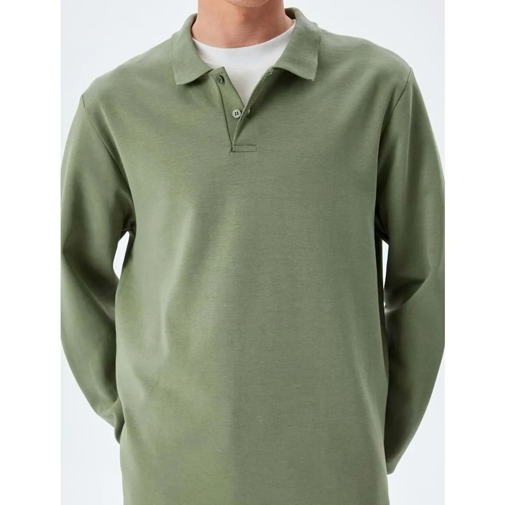 Pamuklu İnterlok Kumaş Polo Yaka Sweatshirt 5SAM70003MK - KOTON - HAKİ - L