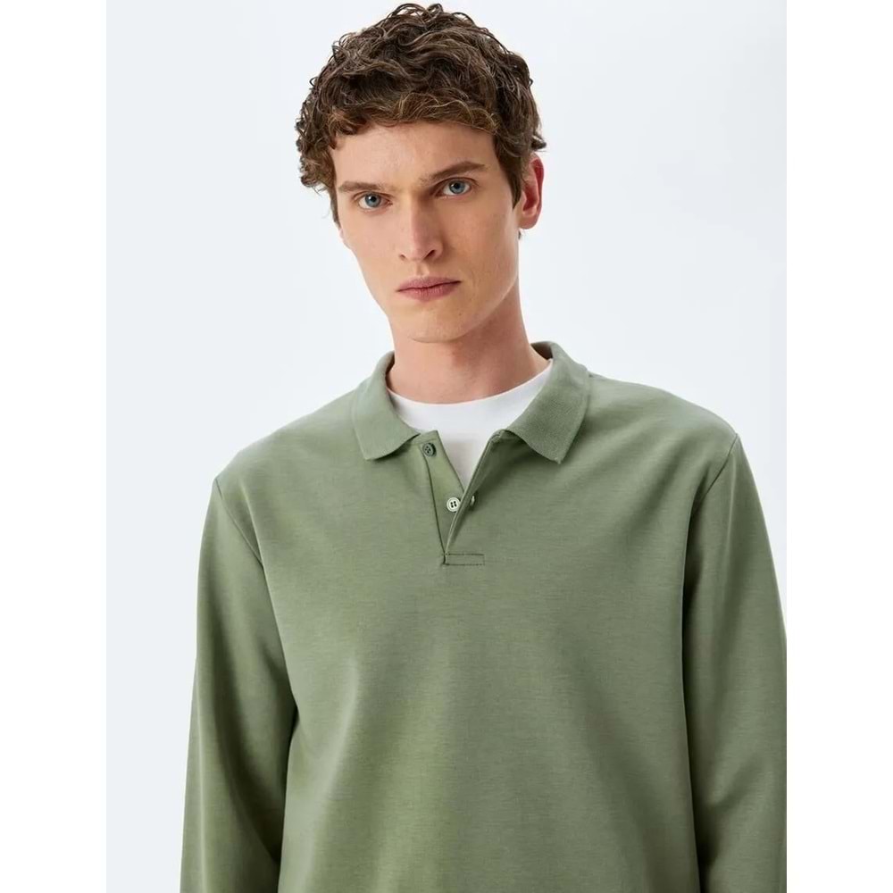 Pamuklu İnterlok Kumaş Polo Yaka Sweatshirt 5SAM70003MK - KOTON - HAKİ - L