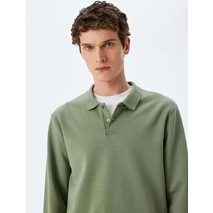Pamuklu İnterlok Kumaş Polo Yaka Sweatshirt 5SAM70003MK - KOTON - HAKİ - L