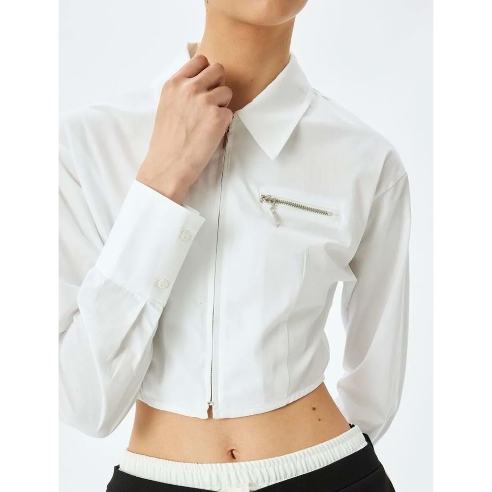 Slim Fit Klasik Yaka Crop Fermuarlı Gömlek 5SAK60136PW - KOTON - BEYAZ - 36