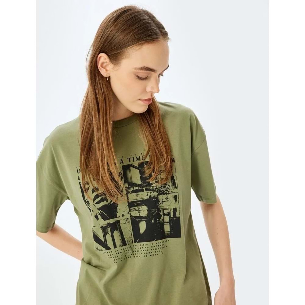 Slogan Baskılı Kısa Kollu Bisiklet Yaka Oversize Tişört 5SAL10089IK