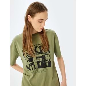 Slogan Baskılı Kısa Kollu Bisiklet Yaka Oversize Tişört 5SAL10089IK