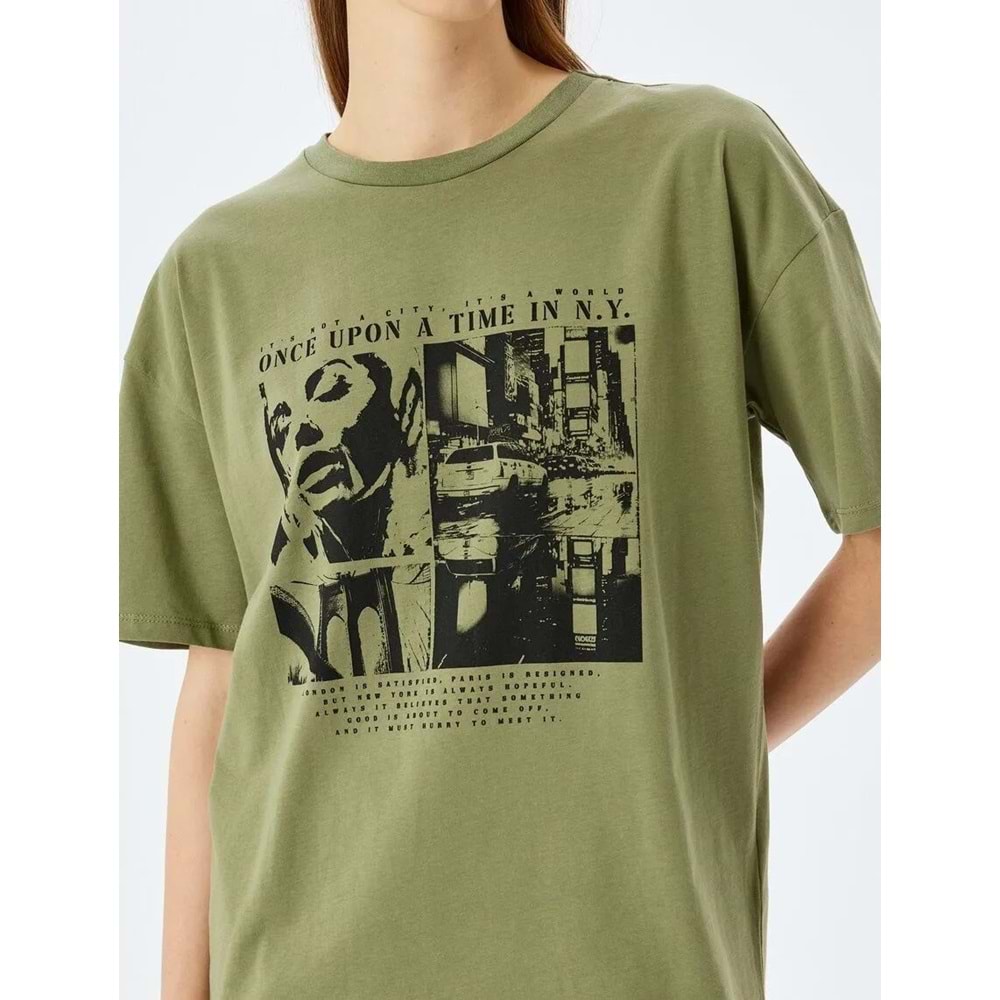 Slogan Baskılı Kısa Kollu Bisiklet Yaka Oversize Tişört 5SAL10089IK