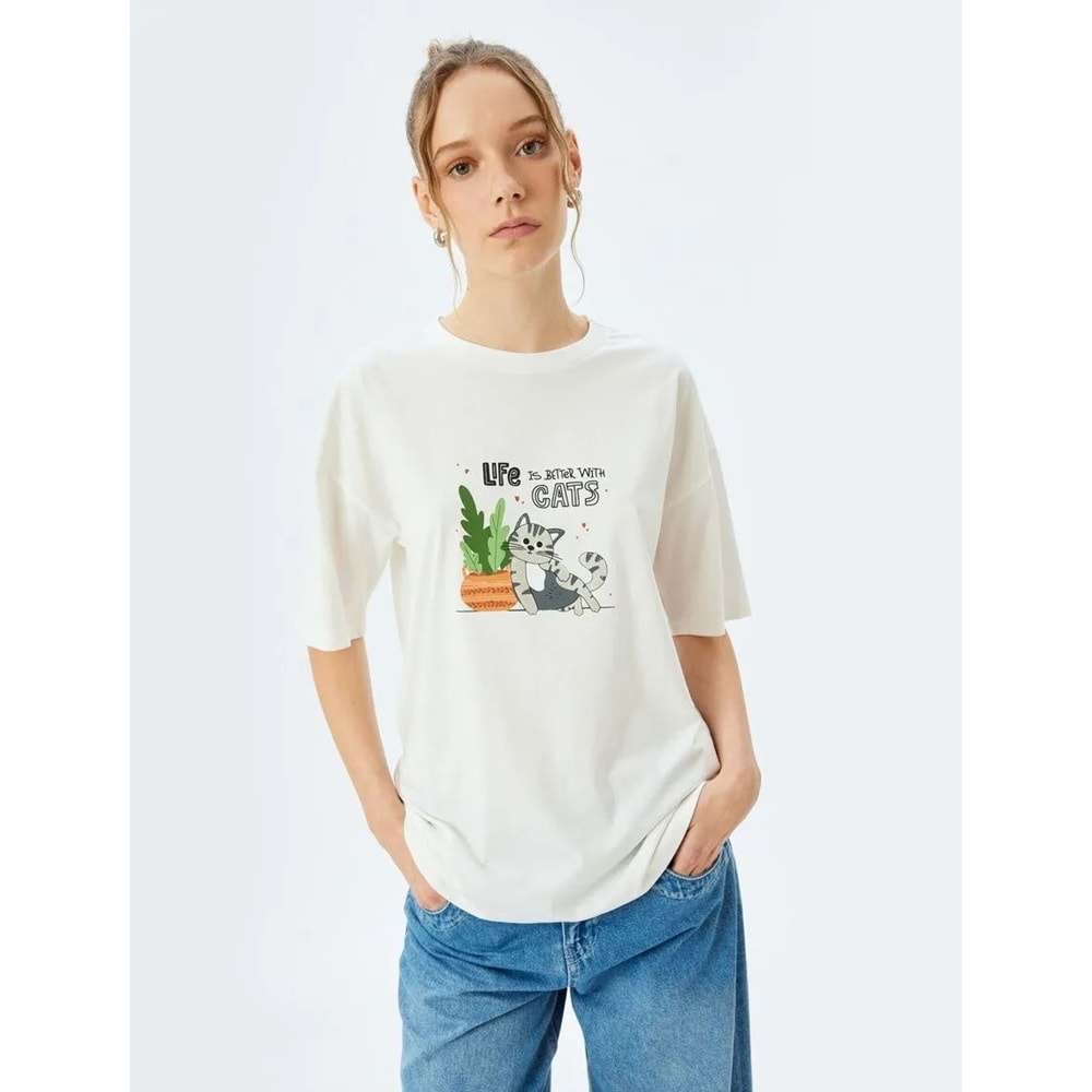 Kedi Baskılı Sloganlı Bisiklet Yaka Kısa Kollu Tişört 5SAL10222IK