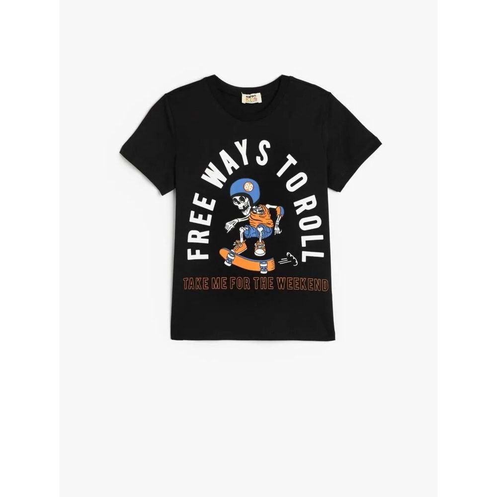 Erkek Çocuk Kısa Kollu Bisiklet Yaka Kaykay Baskılı Tişört 5SKB10172TK - KOTON - SİYAH - 4-5 YAŞ