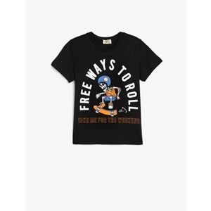 Erkek Çocuk Kısa Kollu Bisiklet Yaka Kaykay Baskılı Tişört 5SKB10172TK - KOTON - SİYAH - 4-5 YAŞ