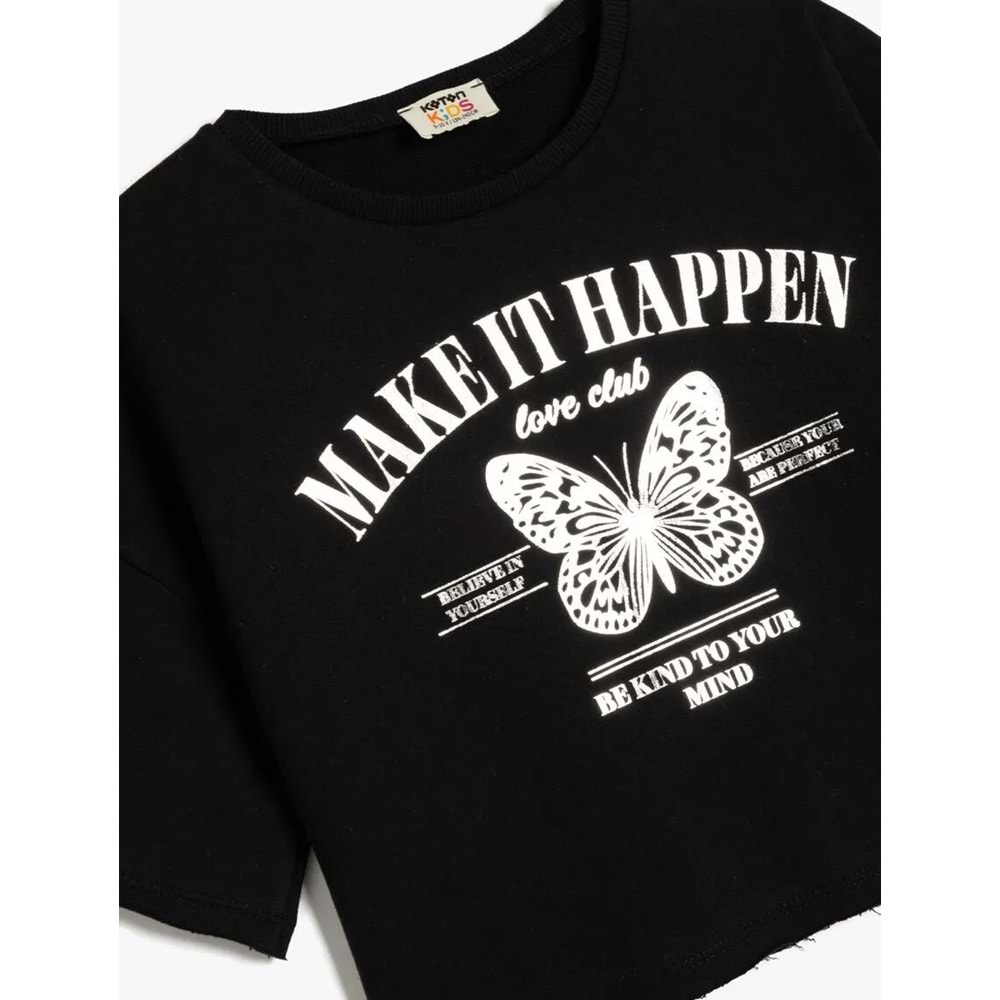 Kız Çocuk Kelebek Baskılı Kısa Kollu Pamuklu Crop Tişört 5SKG10067AK - KOTON - SİYAH - 13-14 YAŞ