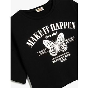 Kız Çocuk Kelebek Baskılı Kısa Kollu Pamuklu Crop Tişört 5SKG10067AK - KOTON - SİYAH - 13-14 YAŞ