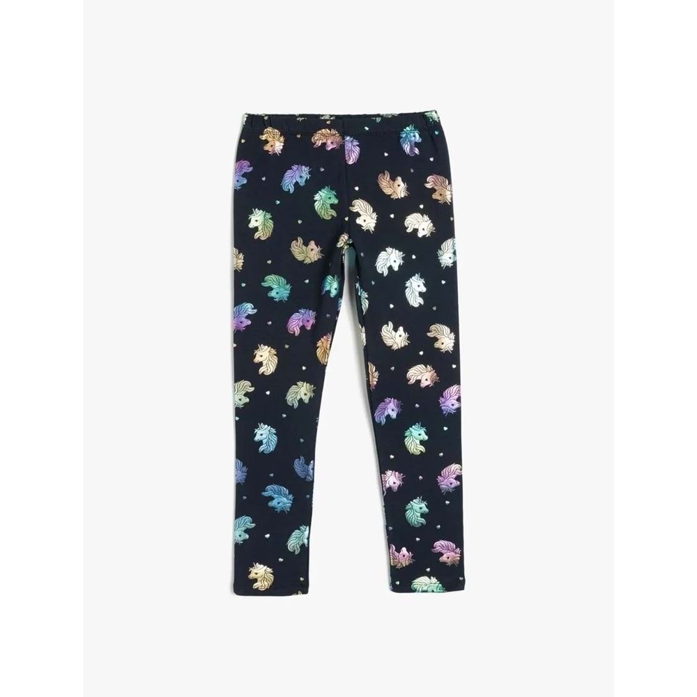 Kız Çocuk Parlak Unicorn Baskılı Beli Lastikli Pamuklu Tayt 5SKG40096AK - KOTON - LACİVERT - 7-8 YAŞ