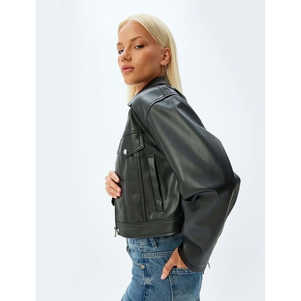 Suni Deri Ceket Fermuarlı Cepli 5SAK20007EW - KOTON - SİYAH - 42