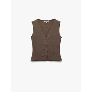 Kadın Giyim Slim Fit Kolsuz Düğmeli V Yaka Yelek 5SAK30059EK - KOTON - KAHVERENGİ - M