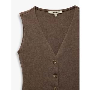Kadın Giyim Slim Fit Kolsuz Düğmeli V Yaka Yelek 5SAK30059EK - KOTON - KAHVERENGİ - M