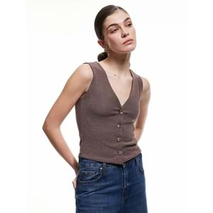Kadın Giyim Slim Fit Kolsuz Düğmeli V Yaka Yelek 5SAK30059EK - KOTON - KAHVERENGİ - M