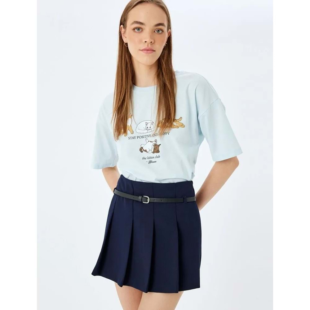 Kedi Baskılı Kısa Kollu Bisiklet Yaka Oversize Tişört 5SAL10362IK - KOTON - MAVİ - M
