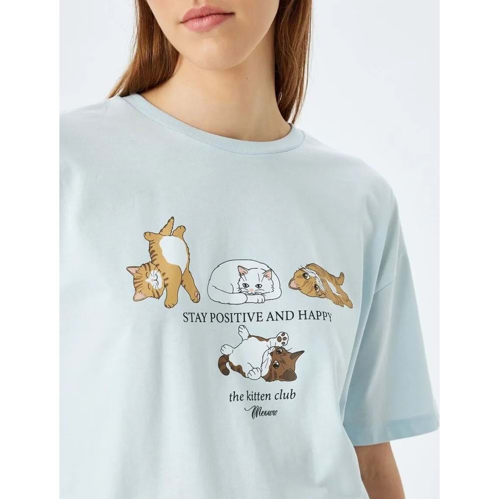 Kedi Baskılı Kısa Kollu Bisiklet Yaka Oversize Tişört 5SAL10362IK - KOTON - MAVİ - M