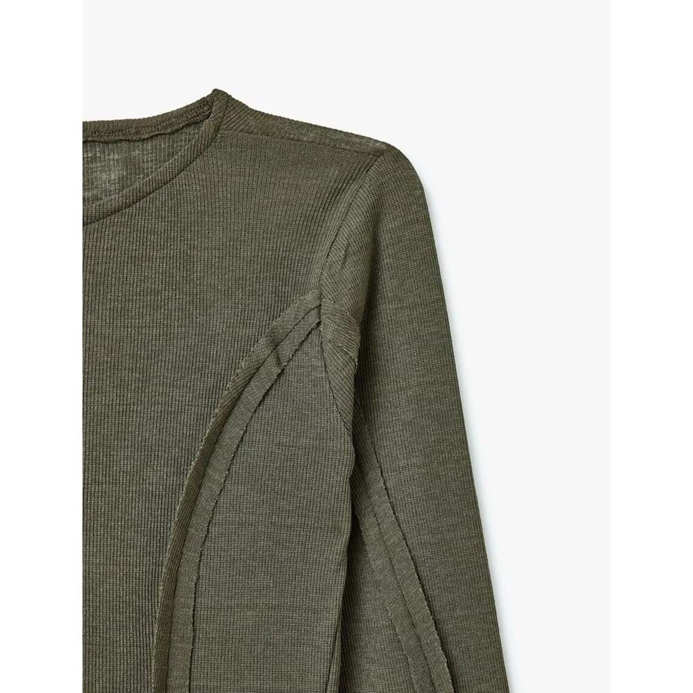Nervür Detaylı Kayık Yaka Uzun Kollu Slim Fit Tişört 5SAL10392IK - KOTON - HAKİ - S