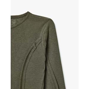 Nervür Detaylı Kayık Yaka Uzun Kollu Slim Fit Tişört 5SAL10392IK - KOTON - HAKİ - S