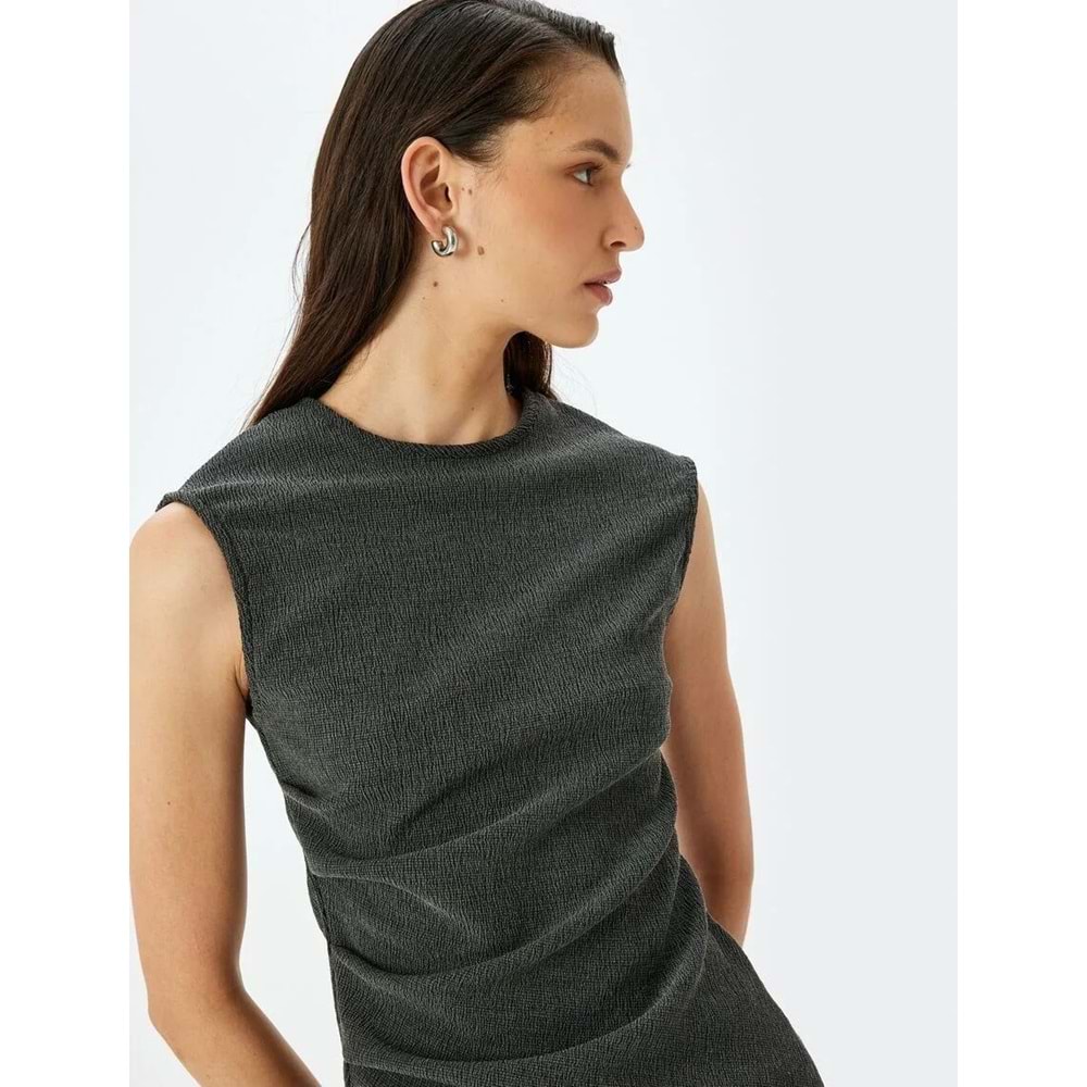 Yuvarlak Yaka Drape Detaylı Asimetrik Kolsuz Tişört 5SAK50005EK - KOTON - ANTRASİT - M