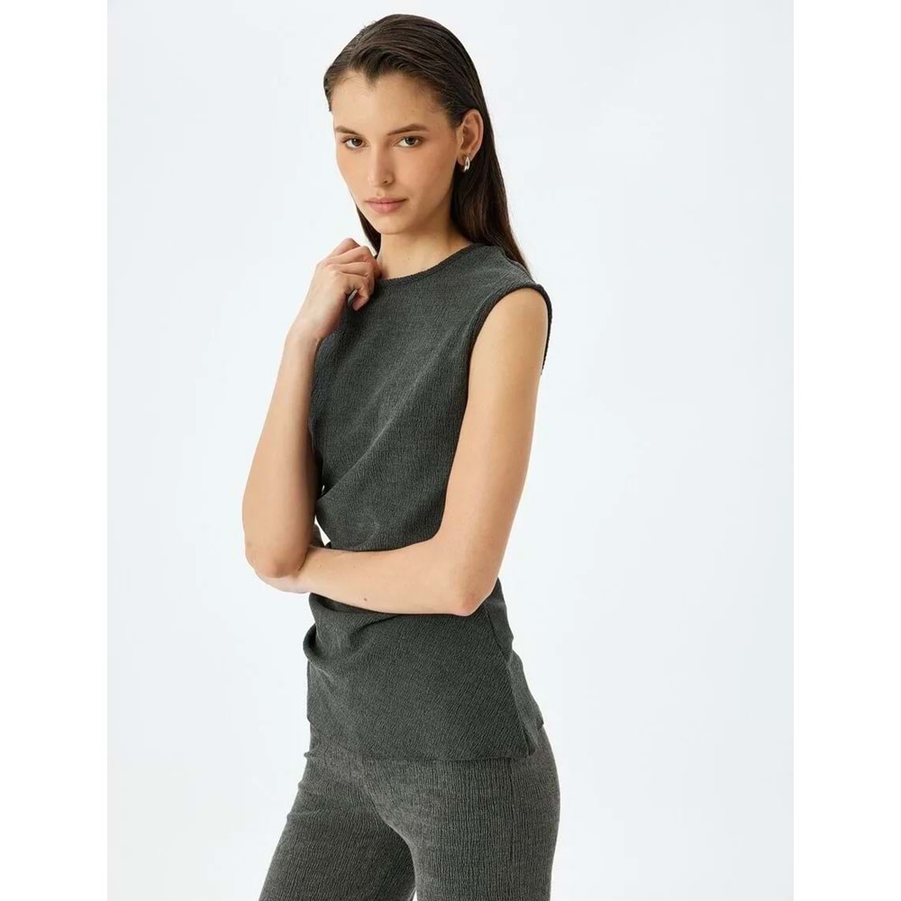 Yuvarlak Yaka Drape Detaylı Asimetrik Kolsuz Tişört 5SAK50005EK - KOTON - ANTRASİT - M