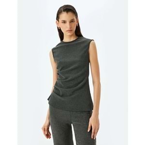 Yuvarlak Yaka Drape Detaylı Asimetrik Kolsuz Tişört 5SAK50005EK - KOTON - ANTRASİT - M