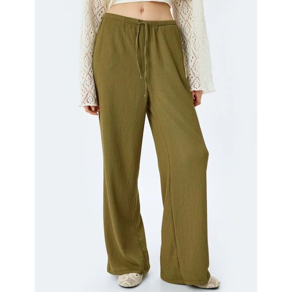 Yüksek Bel Geniş Paça Beli Bağcıklı Pantolon 5SAL40073IK - KOTON - HAKİ - S