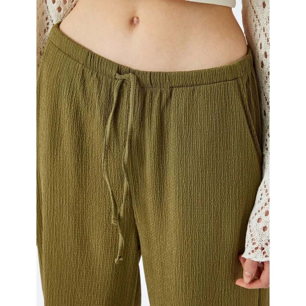 Yüksek Bel Geniş Paça Beli Bağcıklı Pantolon 5SAL40073IK - KOTON - HAKİ - S