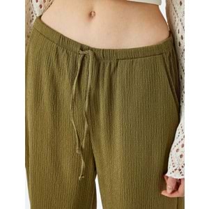 Yüksek Bel Geniş Paça Beli Bağcıklı Pantolon 5SAL40073IK - KOTON - HAKİ - S