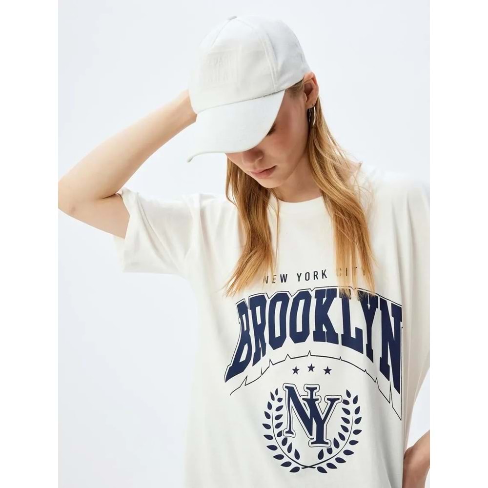 Oversize Tişört Kolej Baskılı 5SAL10023IK - KOTON - EKRU - L
