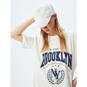 Oversize Tişört Kolej Baskılı 5SAL10023IK - KOTON - EKRU - L