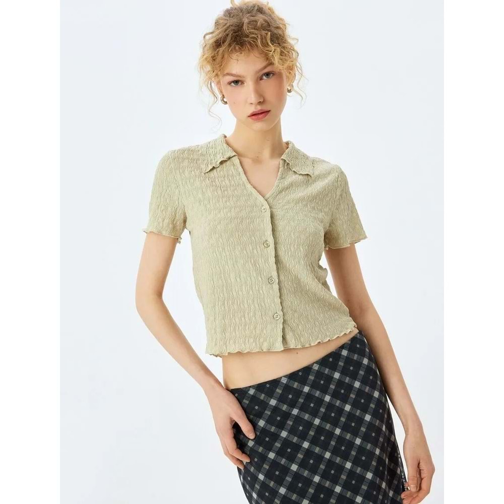 Düğmeli Gömlek Yaka Dokulu Kısa Kollu Bluz 5SAL60003IK - KOTON - YEŞİL - XS