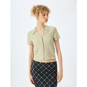 Düğmeli Gömlek Yaka Dokulu Kısa Kollu Bluz 5SAL60003IK - KOTON - YEŞİL - XS
