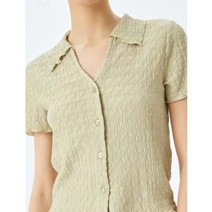 Düğmeli Gömlek Yaka Dokulu Kısa Kollu Bluz 5SAL60003IK - KOTON - YEŞİL - XS