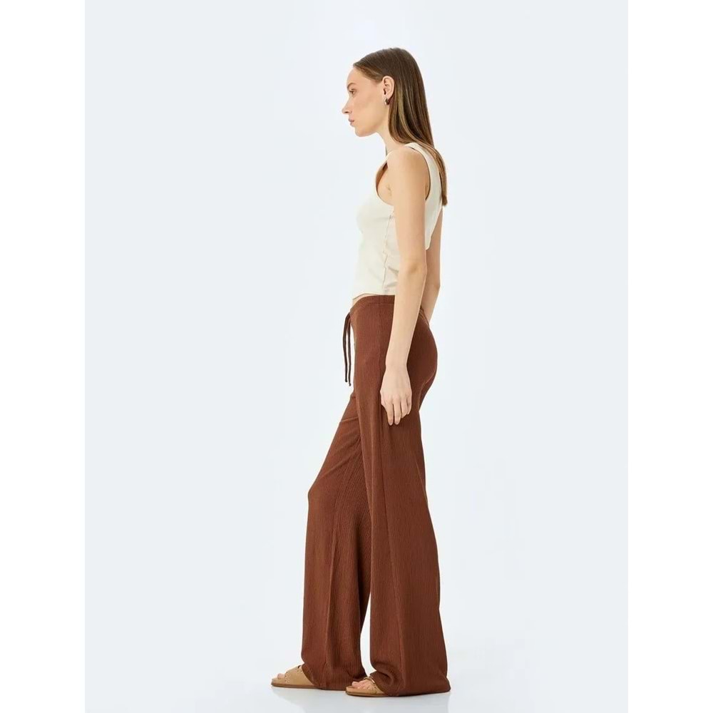 Beli Bağcıklı Yüksek Bel Bol Paça Pantolon 5SAL40050IK - KOTON - KAHVERENGİ - S