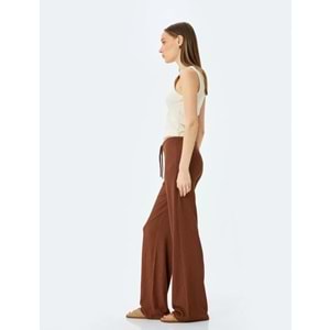 Beli Bağcıklı Yüksek Bel Bol Paça Pantolon 5SAL40050IK - KOTON - KAHVERENGİ - S