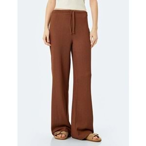 Beli Bağcıklı Yüksek Bel Bol Paça Pantolon 5SAL40050IK - KOTON - KAHVERENGİ - S