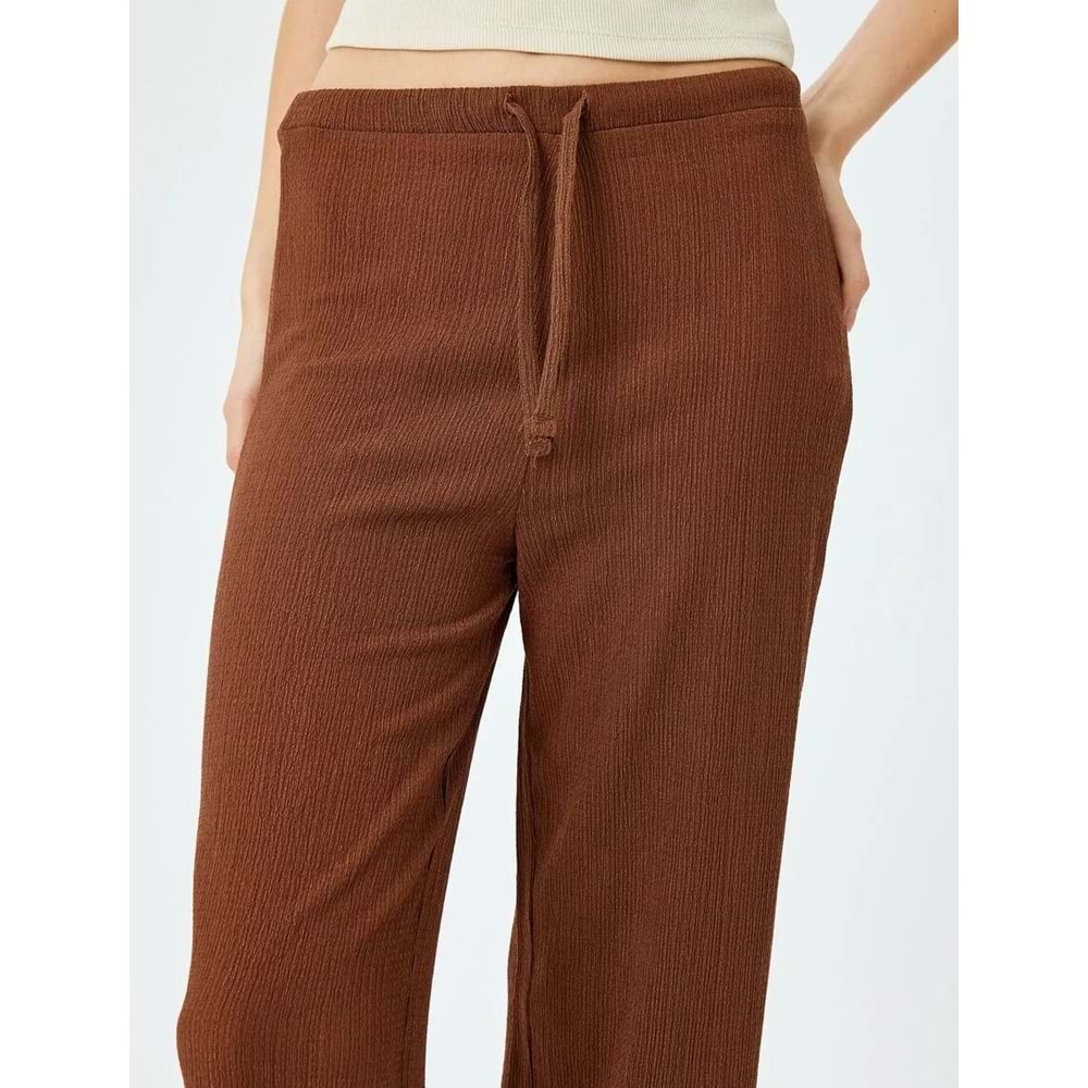Beli Bağcıklı Yüksek Bel Bol Paça Pantolon 5SAL40050IK - KOTON - KAHVERENGİ - S