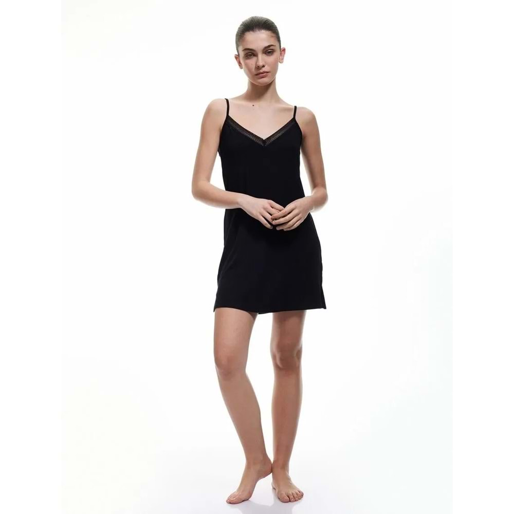 Kolsuz V Yaka Gecelik - KOTON - SİYAH - S