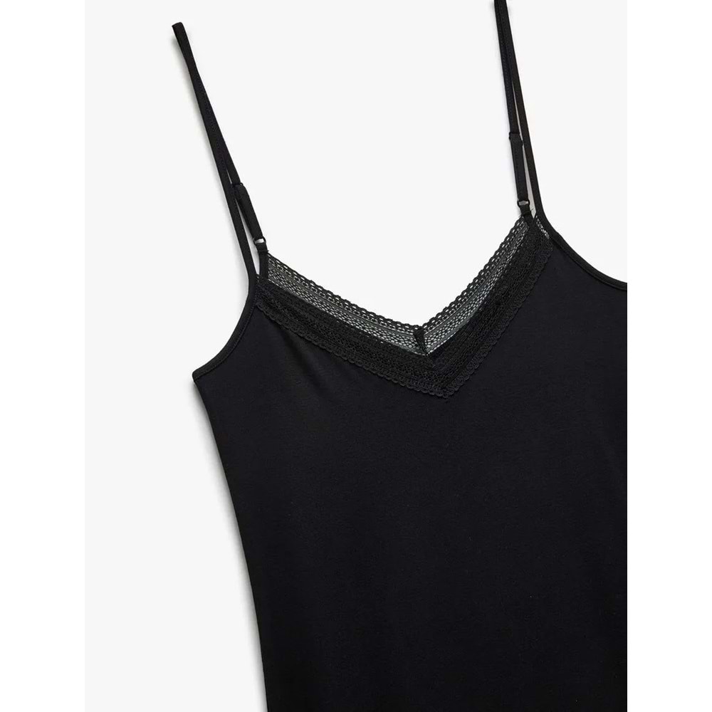 Kolsuz V Yaka Gecelik - KOTON - SİYAH - S