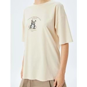 Bisiklet Yaka Kısa Kollu Oversize Tişört 5SAL10069IK - KOTON - BEJ - S