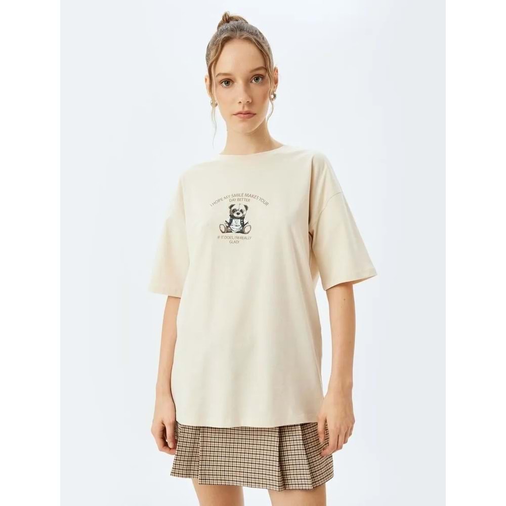 Bisiklet Yaka Kısa Kollu Oversize Tişört 5SAL10069IK - KOTON - BEJ - S