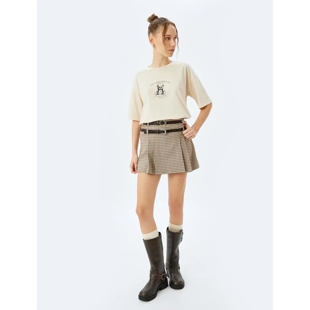 Bisiklet Yaka Kısa Kollu Oversize Tişört 5SAL10069IK - KOTON - BEJ - S