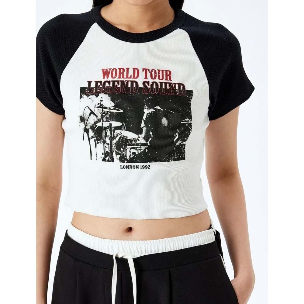 Baskılı Kısa Kollu Bisiklet Yaka Slim Fit Crop Tişört 5SAL10098IK - KOTON - EKRU - M