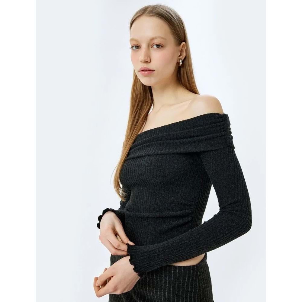 Omuzu Açık Slim Fit Uzun Kollu Tişört 5SAL10588IK - KOTON - ANTRASİT - M