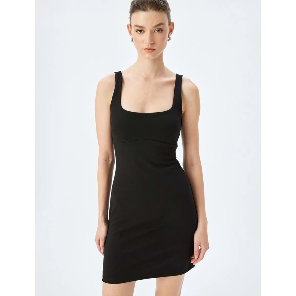 U Yaka Slim Fit Askılı Mini Elbise 5SAK80019EK - KOTON - SİYAH - M